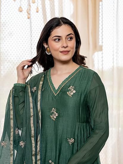 KLOSIA Women Embroidery Solid Anarkali Kurta and Pant Set with Dupatta