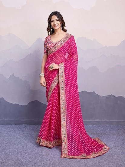 Ekasya Women Georgette Pink Geometric Pattern Printed Embroidery Saree with Unstitched Blouse (E6253_1) - Elegant and Intricate Embroidery - Image 4