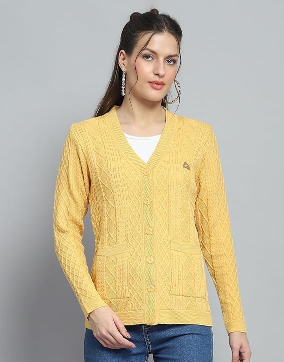 Monte Carlo Womens Self Design Yellow V Neck Full Sleeve Cardigan_1243555VN-2454 - Image 7