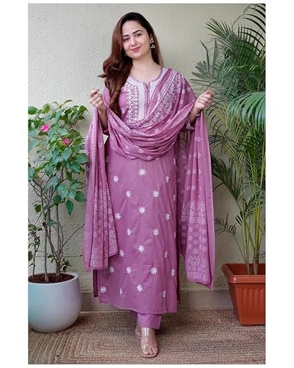 Women's 3/4 Sleeves Cotton Sulb Embroidered Work Kurti with Matching Pant & Embroidered Dupatta Set - Image 4