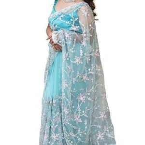MESCHE Women's Pastel Mint Green Supernet Saree with Zari & Sequin Floral Embroidery With Unstitched Blouse Piece