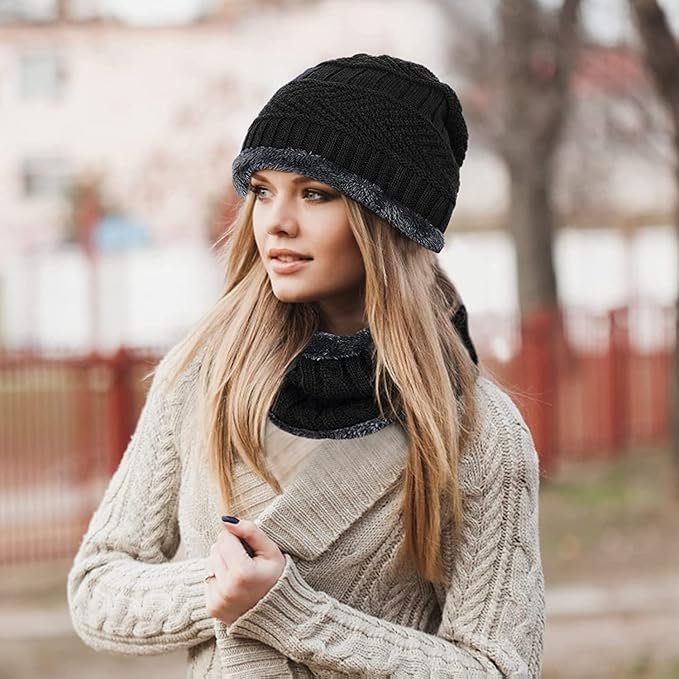 Warm Knit Hats, Skull Cap with Neck Warmer Winter Wear Beanie Hats Scarf Set for Women - Image 2