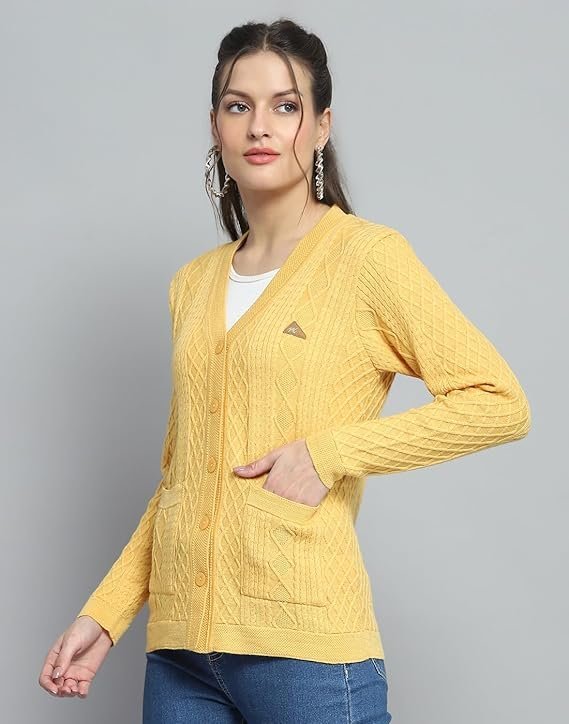 Monte Carlo Womens Self Design Yellow V Neck Full Sleeve Cardigan_1243555VN-2454 - Image 6