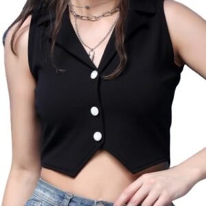 POPWINGS Casual Solid V-Neck Sleeveless Button Closure Waistcoat Regular Fit Crop Top for Women - Stylish Western Summer Wear