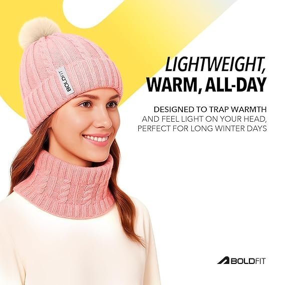 Boldfit Woolen Winter Cap for Women with Neck Warmer Soft Woolen Cap for Girls in Winter for Thermal Wear Stylish Warm Wear for Girls Woolen Garam Topaa Cap Branded Bennies Pink - Image 4