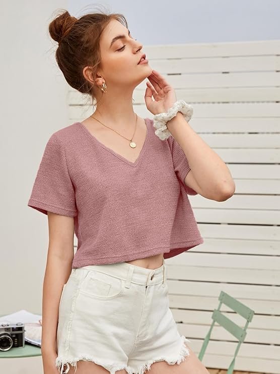 Zilcon Womens Fashion Crop Tops Summer Winter Baisc V Neck Casual Short Sleeve Crop Tops for Women | Women Fashion - Image 4
