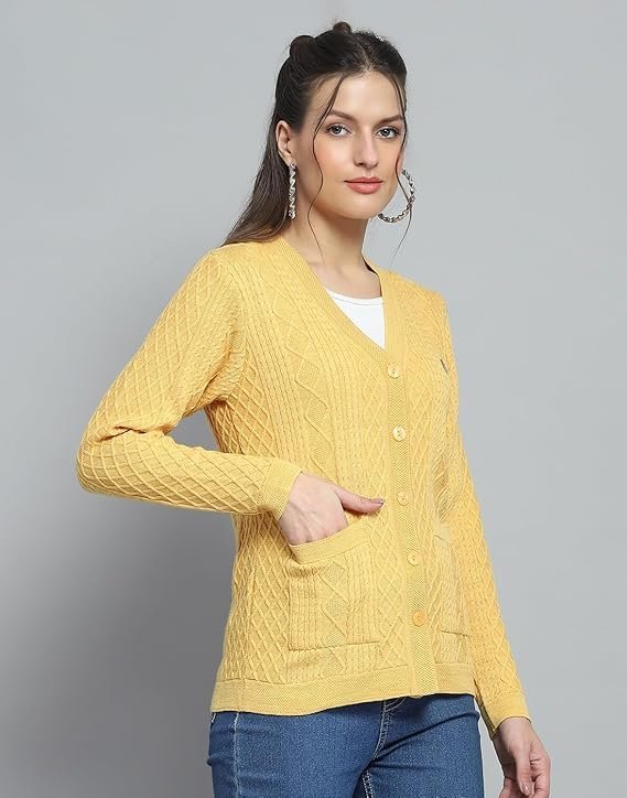 Monte Carlo Womens Self Design Yellow V Neck Full Sleeve Cardigan_1243555VN-2454 - Image 5
