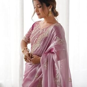 women's tissue soft silk embroidered saree with unstitched blouse