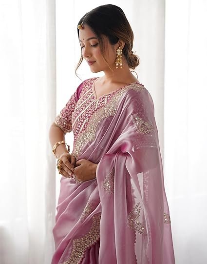 women's tissue soft silk embroidered saree with unstitched blouse
