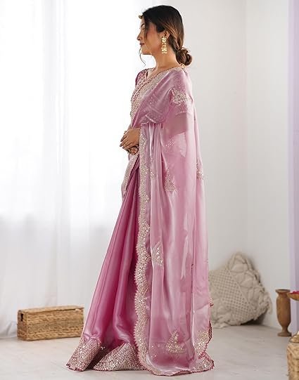 women's tissue soft silk embroidered saree with unstitched blouse - Image 6