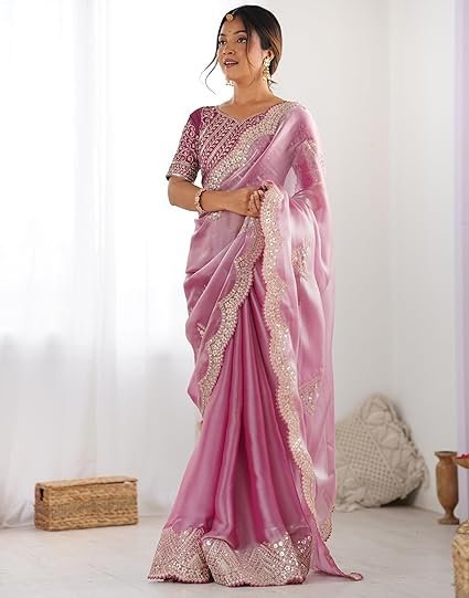 women's tissue soft silk embroidered saree with unstitched blouse - Image 4