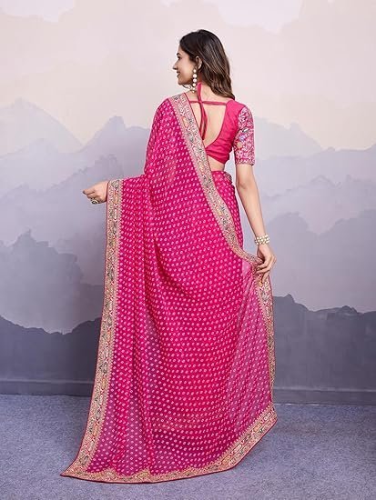 Ekasya Women Georgette Pink Geometric Pattern Printed Embroidery Saree with Unstitched Blouse (E6253_1) - Elegant and Intricate Embroidery - Image 5