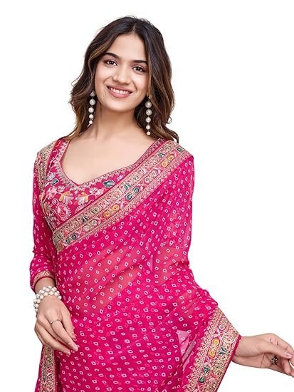 Ekasya Women Georgette Pink Geometric Pattern Printed Embroidery Saree with Unstitched Blouse (E6253_1) - Elegant and Intricate Embroidery
