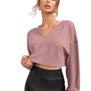 Zilcon Womens Waffle Long Sleeve 2025 Fall Fashion V Neck Basics Crop Tops Slim Fitted T Shirts Going Out Crop top for Women Stylish Western Tops