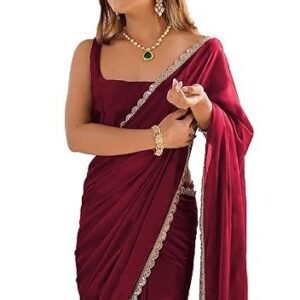 SHOPAZ Ready To Wear Saree For Women Maroon Georgette One Minute Readymade Stitched Scalloped Border Lace With Unstitched Blouse