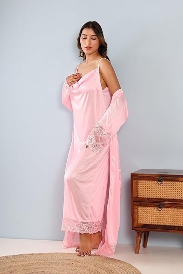 House of Elorra Soft Satin Nightgown Swarvoski Crystals Work Women Nighty with Lace and Robe - Image 4