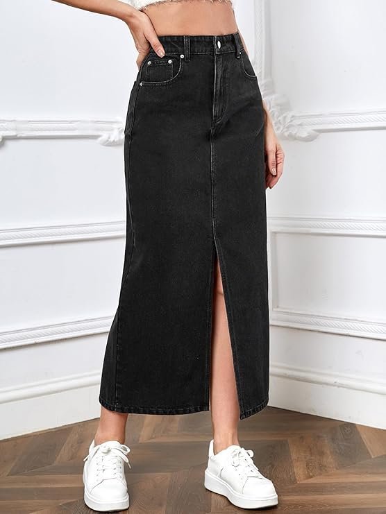 Aahwan Women's & Girl's Solid High Waist Slit Below The Knee Denim Skirt