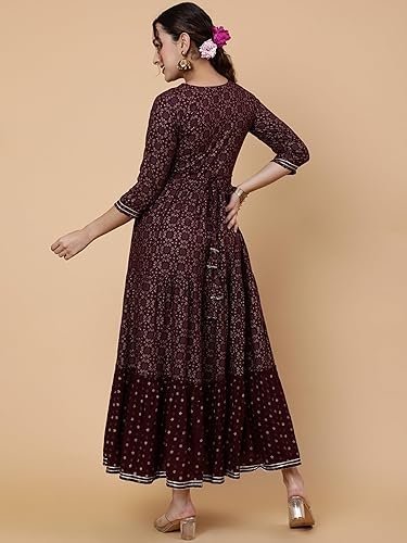 Ethnic Printed Cotton Blend Anarkali Dress, Burgundy, 3/4 Sleeve, Round Neck, Fit & Flare - Image 3