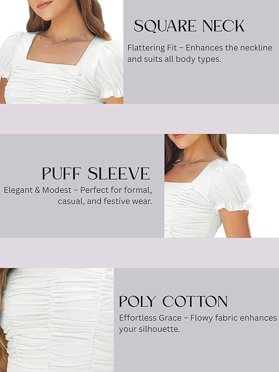Women's Solid | Floral Puff Sleeve Elastic Crop Top with Square Neckline Ruched Design Lightweight Stylish Top for Western Casual Everyday Wear - Image 5