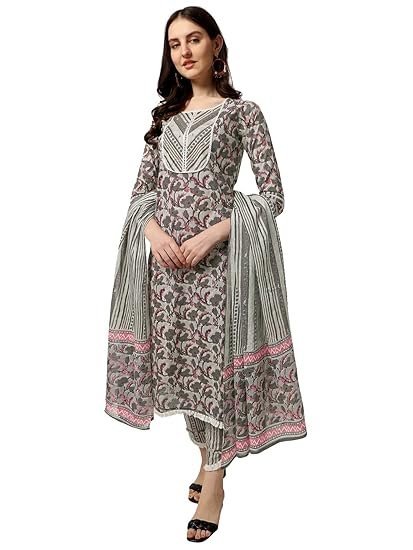 MIRCHI FASHION Women's Straight Fit Cotton Floral Printed and Embellished Kurta Set with Trouser Pant and Dupatta - Image 2