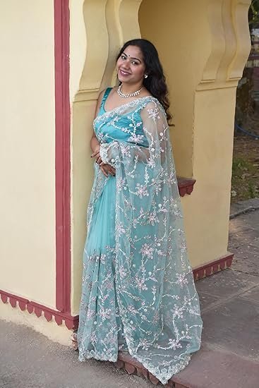 MESCHE Women's Pastel Mint Green Supernet Saree with Zari & Sequin Floral Embroidery With Unstitched Blouse Piece - Image 3