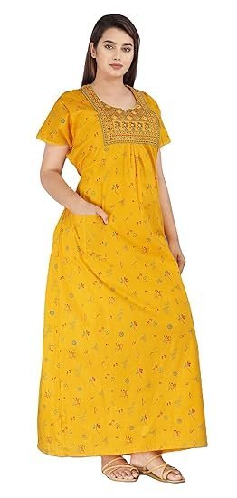 DIAMO Pure Cotton Embroidery Nighty for Women's | Night Gown | Nighty | Nightdress | Maxi | Sleepwear | Jaipuri Nighty | Nighties | Cotton Night Gown with a Pocket and Adjustable Knot