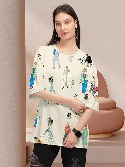 HELLCAT Beige Trendy Printed Oversized T-Shirt for Women - Image 3