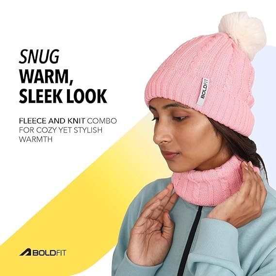 Boldfit Woolen Winter Cap for Women with Neck Warmer Soft Woolen Cap for Girls in Winter for Thermal Wear Stylish Warm Wear for Girls Woolen Garam Topaa Cap Branded Bennies Pink - Image 5