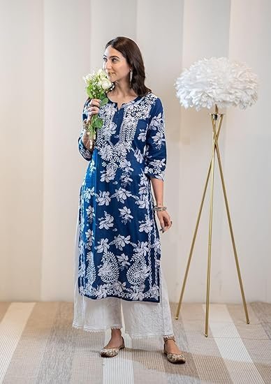 GoSriKi Women's Rayon Blend Chikankari Embroidered Straight Kurta - Image 3