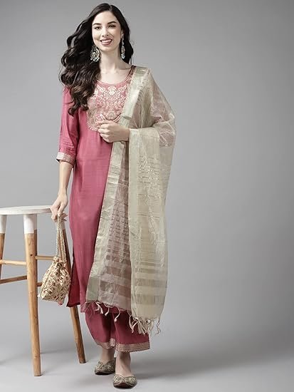 INDO ERA Women's Cotton Blend Yoke Design Straight Kurta Pant with Dupatta Set - Image 5