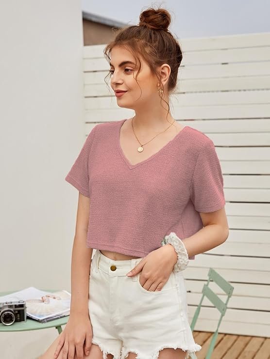 Zilcon Womens Fashion Crop Tops Summer Winter Baisc V Neck Casual Short Sleeve Crop Tops for Women | Women Fashion - Image 3