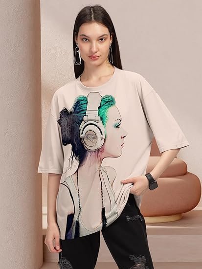 HELLCAT Beige Trendy Printed Oversized T-Shirt for Women - Image 3