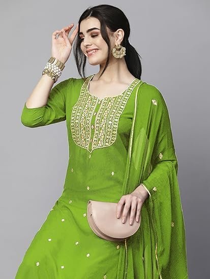 GoSriKi Women's Cotton Blend Embroidered Straight Kurta with Pant & Dupatta