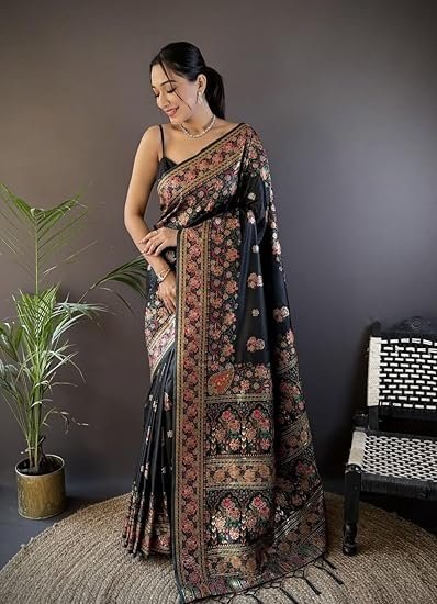 Veglari Women's Kanchipattu Phasmina Silk Hand Work Pure Jari Wewing Original Kanjivaram Jacqurad Rajwadi Print Kalmkari Sarees With Blouses Piecs And Zalar - Image 3