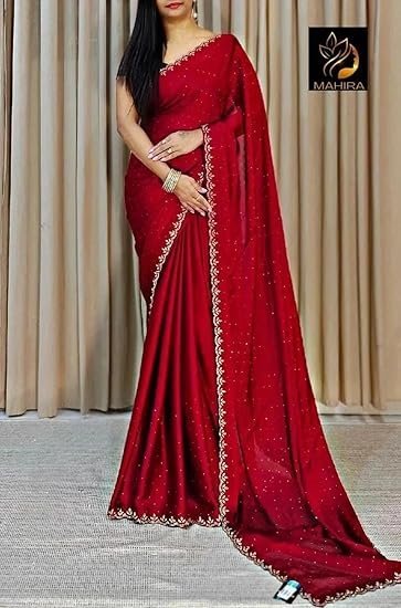 Indian Fashionista Women's Shimmer Chiffon Hot Fix Embellished Saree - Image 3