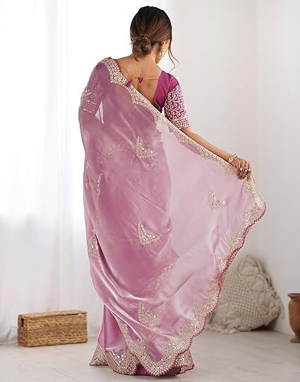 SIRIL Women's Organza Sequence Embroidery Scollped Border Saree With Unstitched Blouse Piece - Image 5