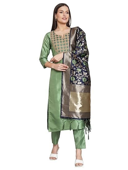VredeVogel Women's Cotton Silk Blend Kurta Pant Set with Banarasi Silk Dupatta - Image 6