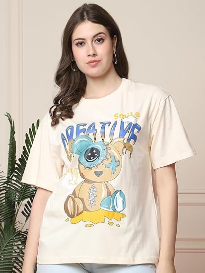 Fabflee Pure Cotton Oversized Baggy Fit Drop Shoulder Latest Aesthetic & Cool Graphic Printed Half Sleeve Tshirt for Women |Trendy Tees |Casual Loose Korean T-Shirt - Image 3