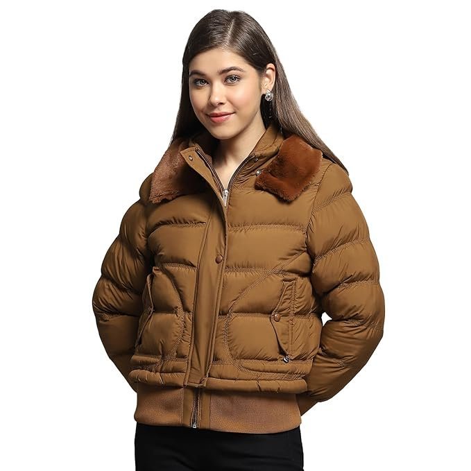 Monte Carlo Womens Self Design Tan Collar Neck Full Sleeve Jacket