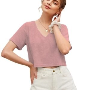 Zilcon Womens Fashion Crop Tops Summer Winter Baisc V Neck Casual Short Sleeve Crop Tops for Women | Women Fashion