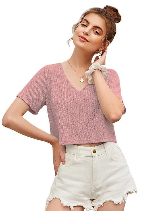 Zilcon Womens Fashion Crop Tops Summer Winter Baisc V Neck Casual Short Sleeve Crop Tops for Women | Women Fashion