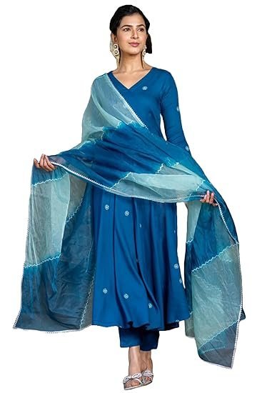GoSriKi Women's Cotton Blend Anarkali Embroidered Kurta with Pant & Dupatta - Image 5