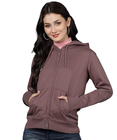 Alan Jones Clothing Women's Solid Zipper Hooded Sweatshirt | Front Zip, Ribbed Hem, Lined Hood, Casual Winter Wear
