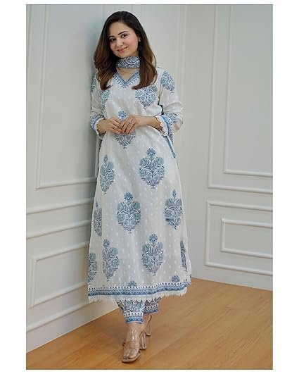 Arayna Women's Cotton Printed Floral Straight Kurta with Palazzo Pants and Dupatta