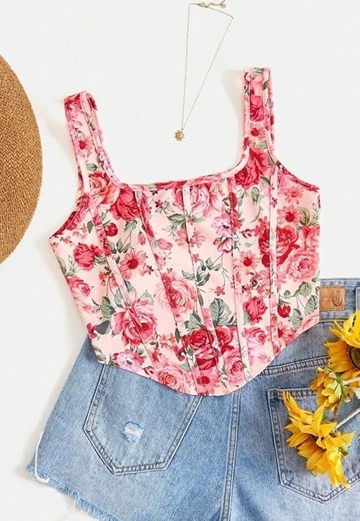 Floral Print Corset Crop Top, Blue Rose Pattern, Sleeveless Tank Top with Wide Straps - Image 3