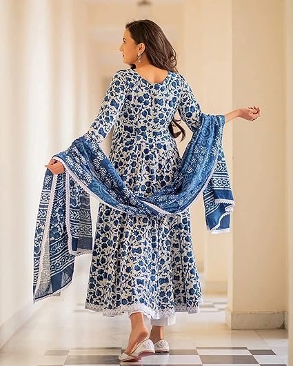 MEERA FAB Women's Cotton Printed Anarkali Kurta with Palazzo & Dupatta Set - Image 5