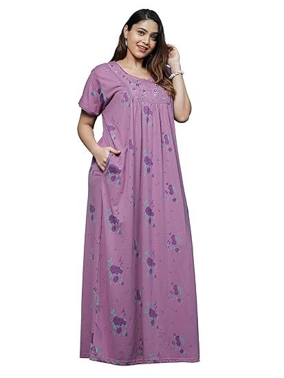 9shines Label Stylish Cotton Blend Nighty Maxi for Women | Full Length Trendy Nightgown | Premium Nightdress | Nightwear | Embroidery Nighty with Pocket (5256)