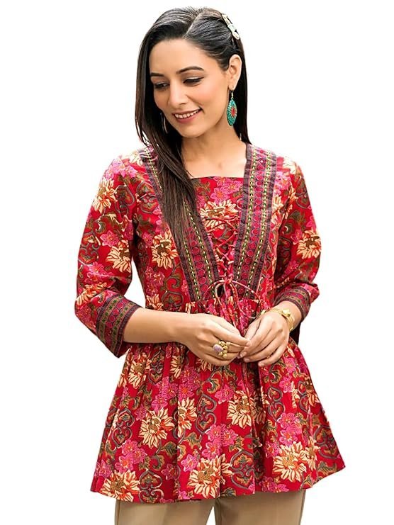 Fashion Women's Rayon Paisley Printed Tunic Western Tops Short Kurti – Comfortable Everyday Wear & Half Sleeves, Collar Neck (Available in Plus Size and Combo Pack of 2)