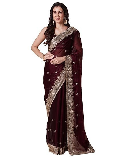 AKHILAM Women's Multicolor Organza Embroidered Saree With Unstitched Blouse Piece (MAYURI1001_AB_Parent)