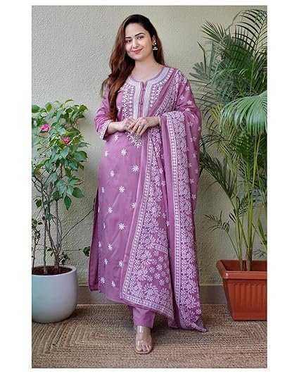 Women's 3/4 Sleeves Cotton Sulb Embroidered Work Kurti with Matching Pant & Embroidered Dupatta Set